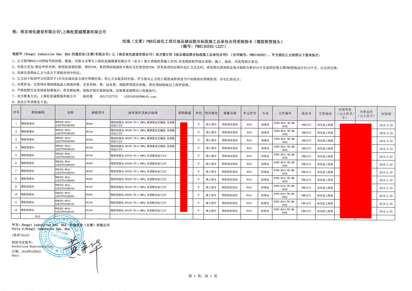 【恒逸文萊PMB石油化工項目】橡膠接頭采購合同